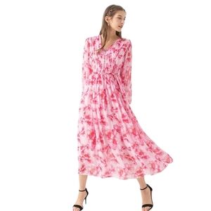 Chicwish Delicate Floral Shirred Maxi Dress in Hot Pink NEW‎